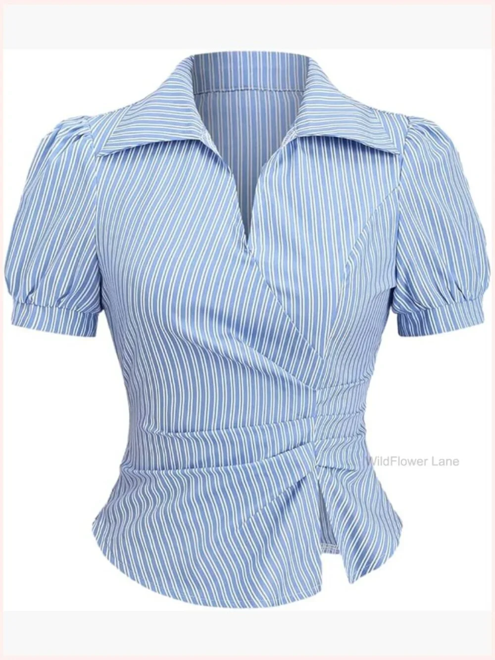 Striped Puff Sleeve Wrap Blouse Pleated Tied Waist Work Top